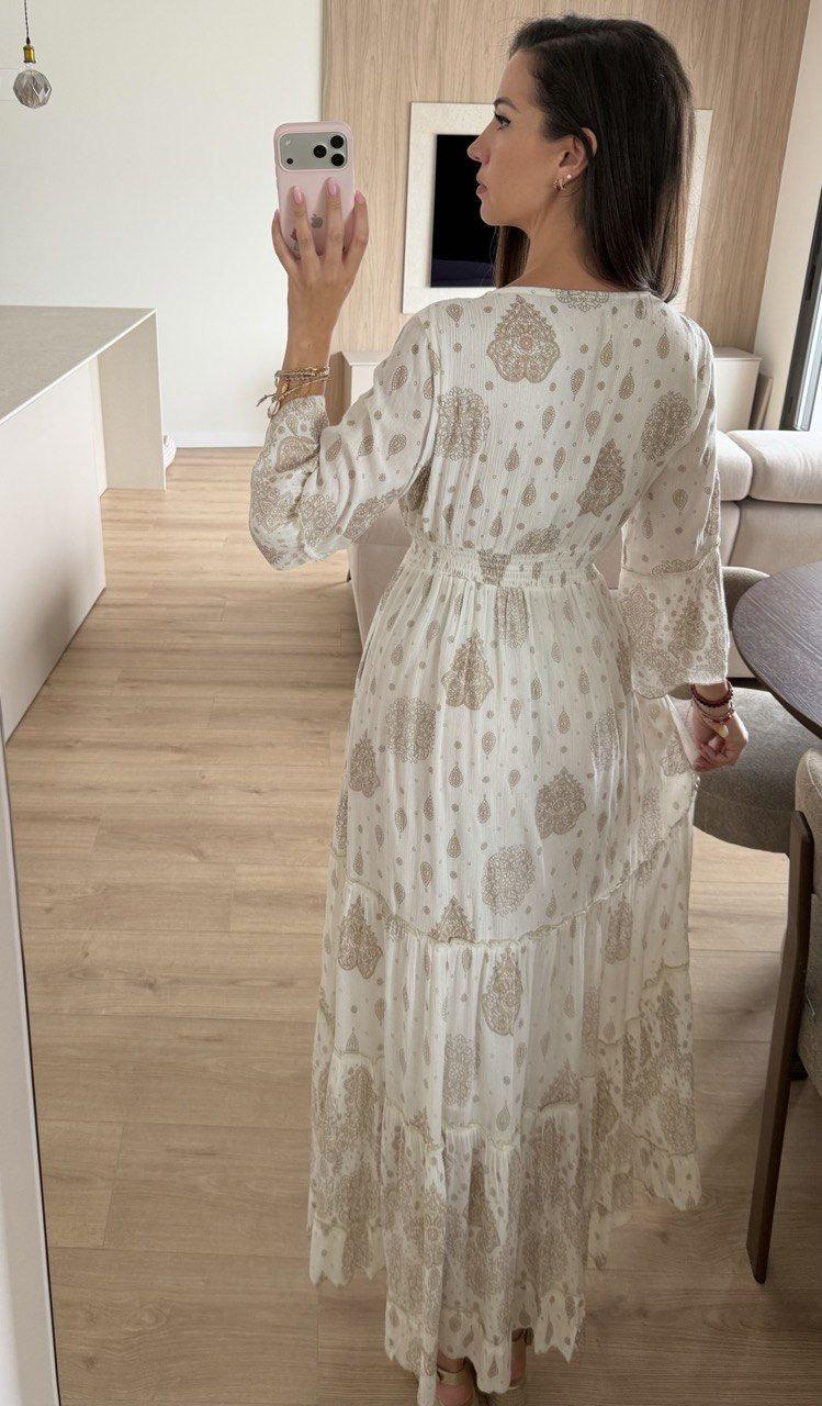 White Gold Boho Maxi Dress for Women, Paisley Print Summer Dress, Flowy Bohemian Dress, Beach Vacation Dress, Wedding Guest Dress.