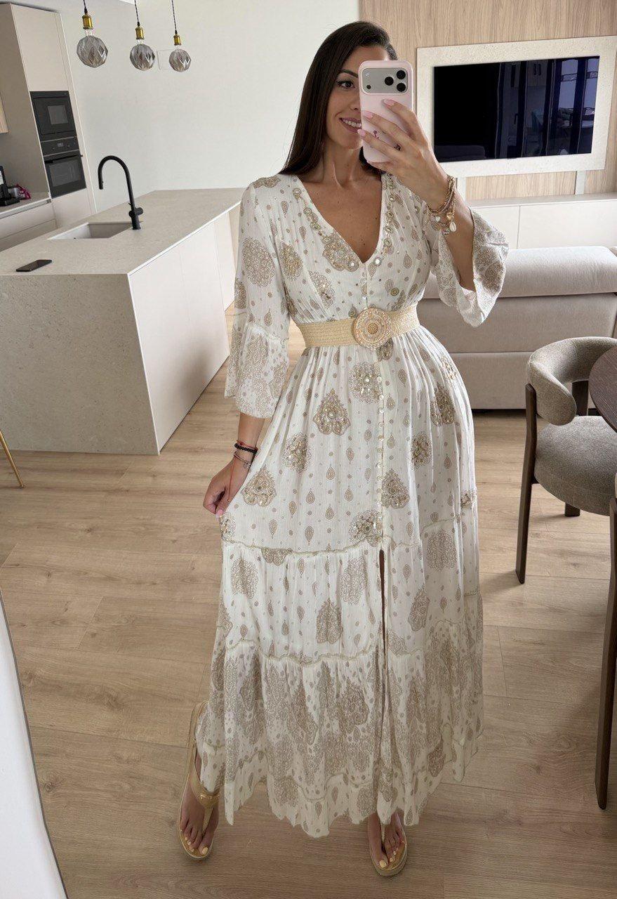 White Gold Boho Maxi Dress for Women, Paisley Print Summer Dress, Flowy Bohemian Dress, Beach Vacation Dress, Wedding Guest Dress.