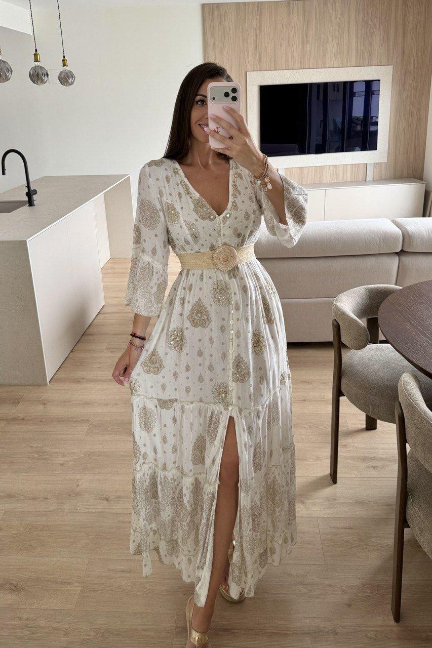 White Gold Boho Maxi Dress for Women, Paisley Print Summer Dress, Flowy Bohemian Dress, Beach Vacation Dress, Wedding Guest Dress.