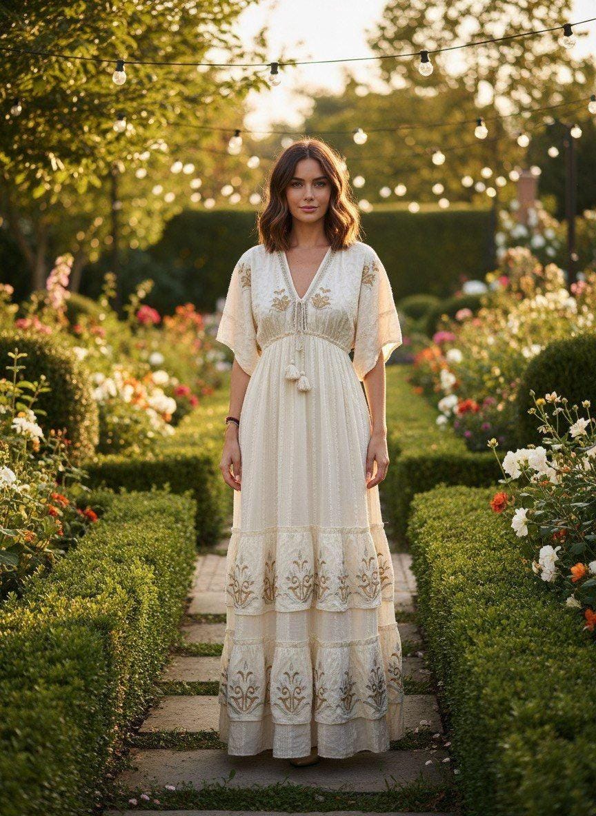 Cream Boho Maxi Dress, Embroidered Cottagecore Dress, Flowy Summer Dress, Romantic Bohemian Dress, Beach Vacation Outfit.