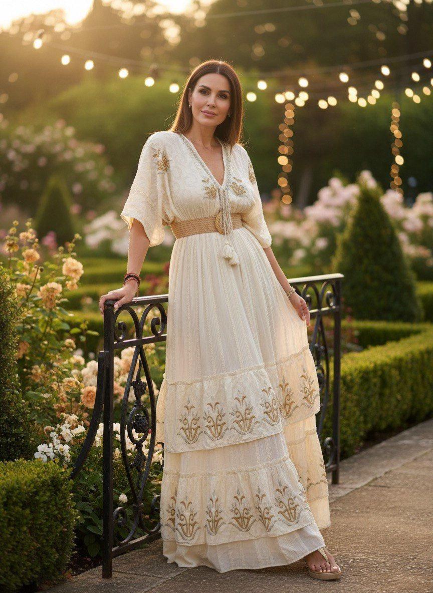 Cream Boho Maxi Dress, Embroidered Cottagecore Dress, Flowy Summer Dress, Romantic Bohemian Dress, Beach Vacation Outfit.