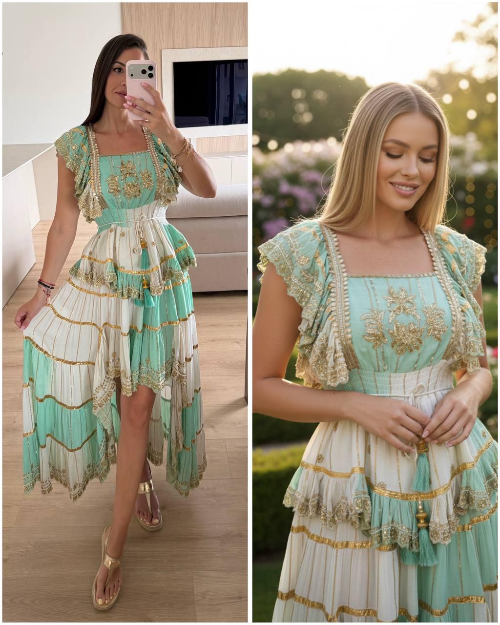 Mint Green and White Boho Skirt Set, Two Piece Crop Top and Maxi Skirt, Bohemian Summer Outfit, Festival Co Ord Set,romantic Beachwear Dress