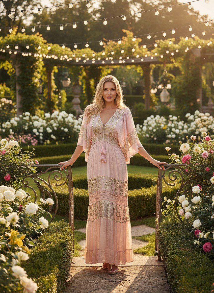 Pink Boho Maxi Dress Whit Batwing Sleeves, Elegant Flowy Bohemian Dress for Women, Long Flowy Maxi Dress, Stunning Pink Boho Maxi Dress.