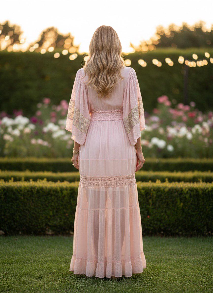 Pink Boho Maxi Dress Whit Batwing Sleeves, Elegant Flowy Bohemian Dress for Women, Long Flowy Maxi Dress, Stunning Pink Boho Maxi Dress.