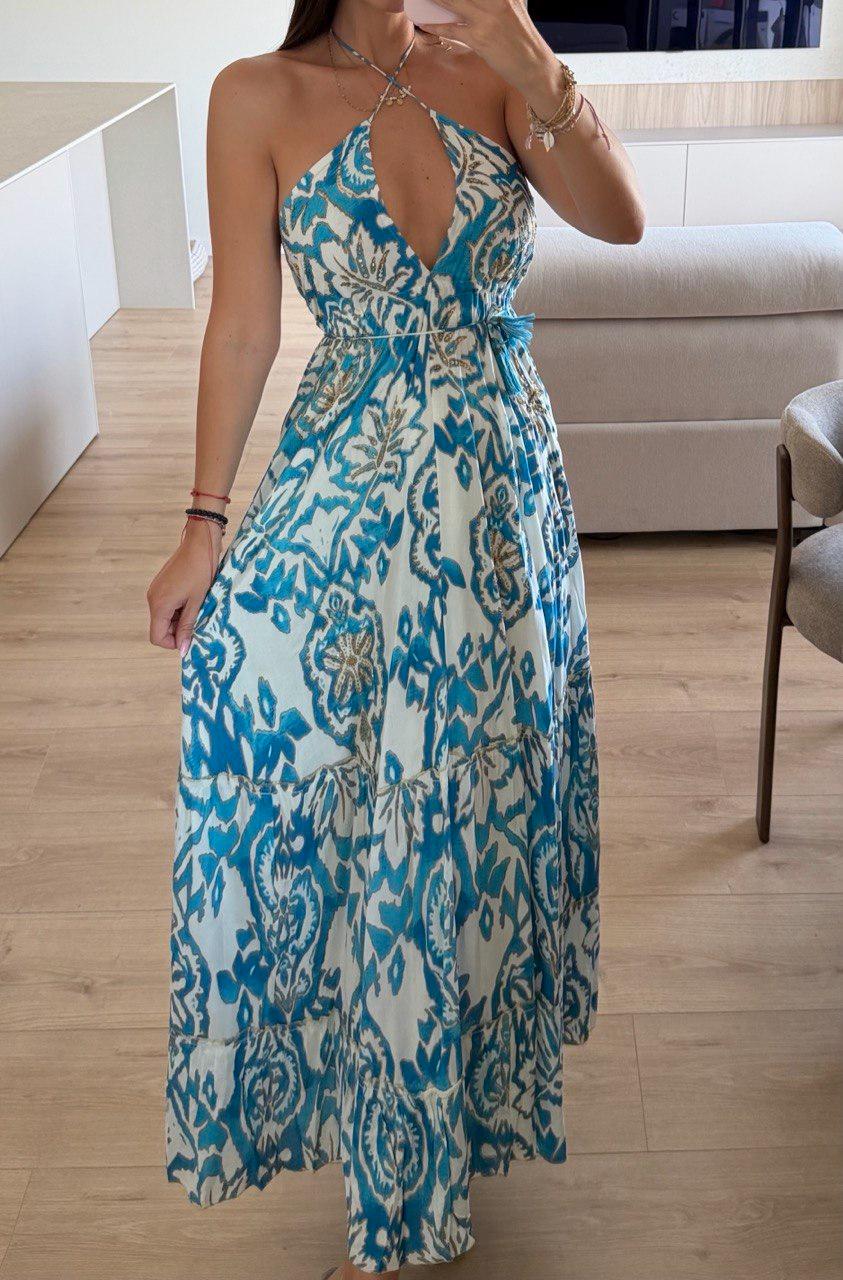 Cotton Slip Dress With Gold Beading, Strappy Maxi Dress for Women, Wedding Guest Dress, Beach Boho Dress, Ibiza Dress, Festival Dress.