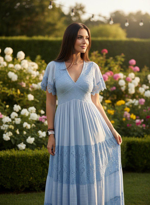 Boho Blue Lace Wedding Dress, Blue Boho Dress, Beach Wedding Dress, Bohemian Bride Dress, Boho Kleid, Blue Handmade Dress.