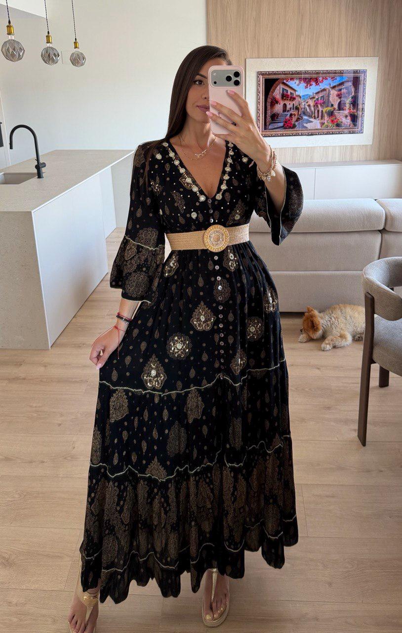 White Gold Boho Maxi Dress for Women, Paisley Print Summer Dress, Flowy Bohemian Dress, Beach Vacation Dress, Wedding Guest Dress.