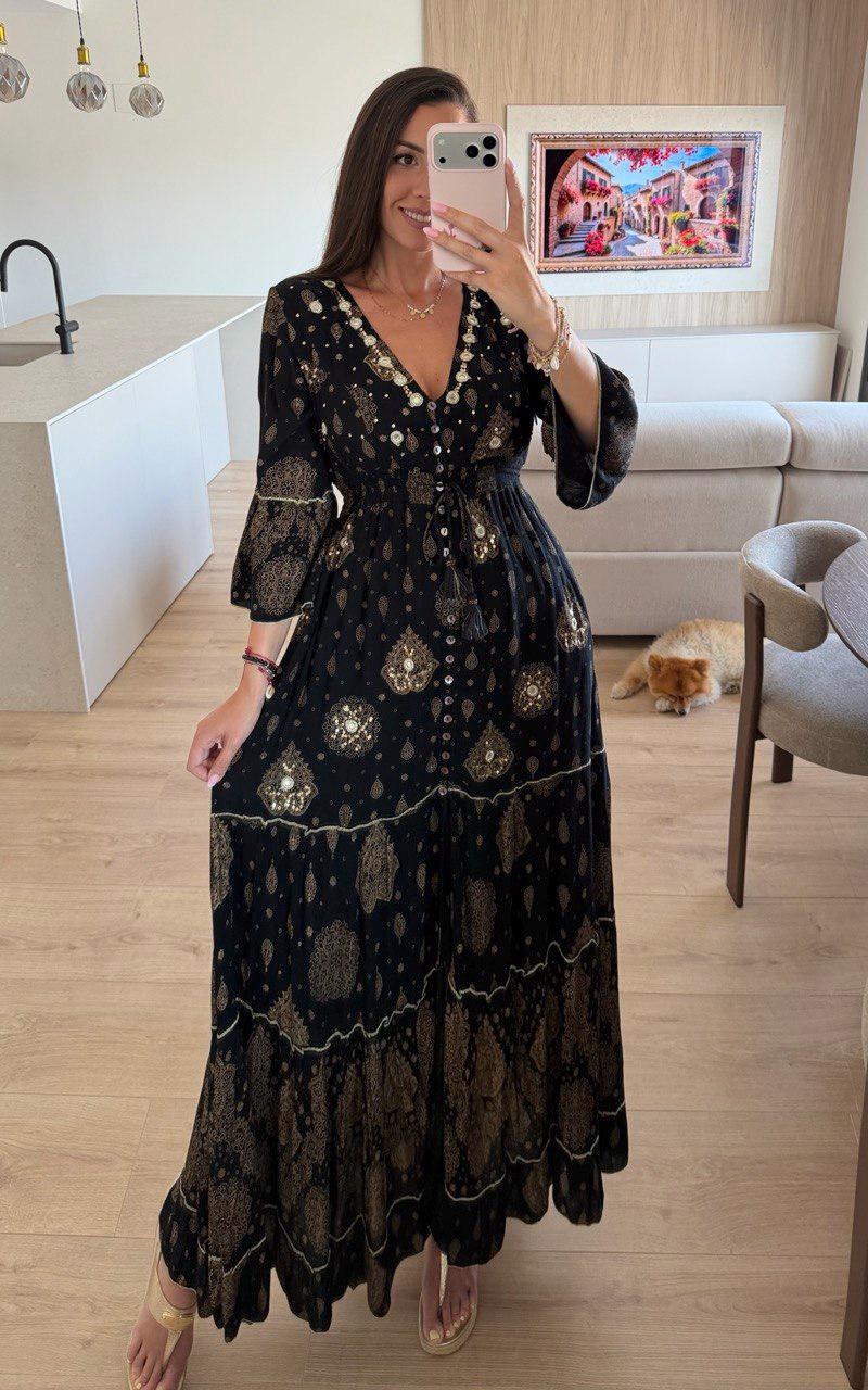 White Gold Boho Maxi Dress for Women, Paisley Print Summer Dress, Flowy Bohemian Dress, Beach Vacation Dress, Wedding Guest Dress.