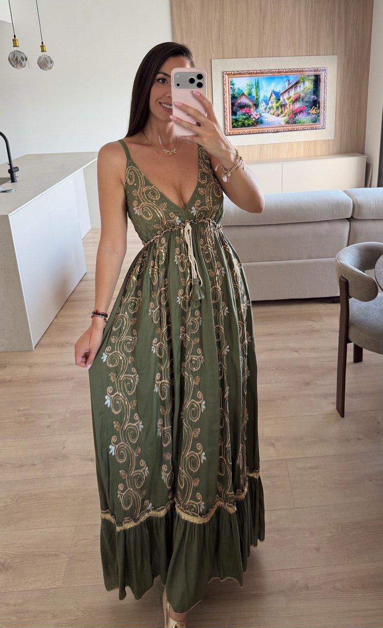 Green Sleeveless Boho Dress With Floral Print for Women, Maxi Boho Green Dress, Beach Boho Maxi Dress, Green Maxi Dress.