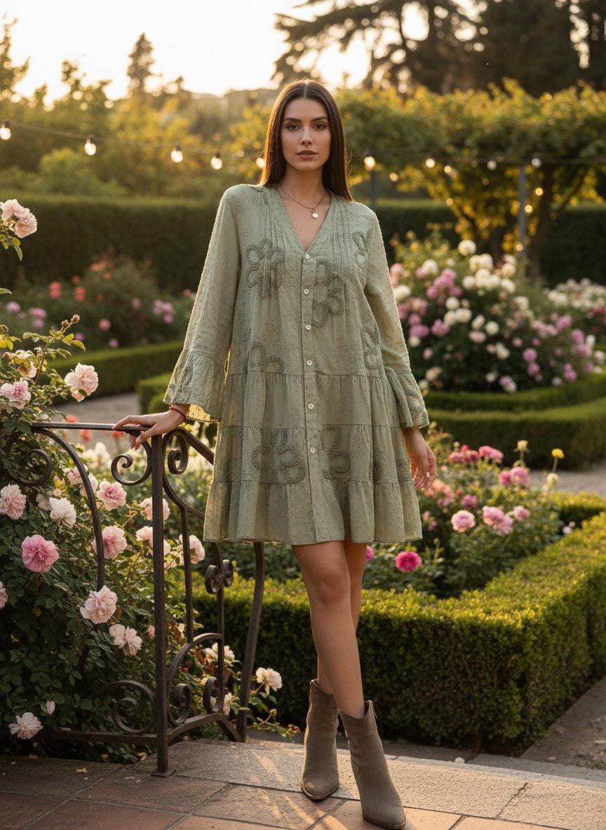 Mini Boho Dress Women, Greenmini Dress, Green Mini Dress, Flowy Mini Boho Dress, Beach Mini Dress, Mini Lace Boho Dress, Elegant Mini Dress.