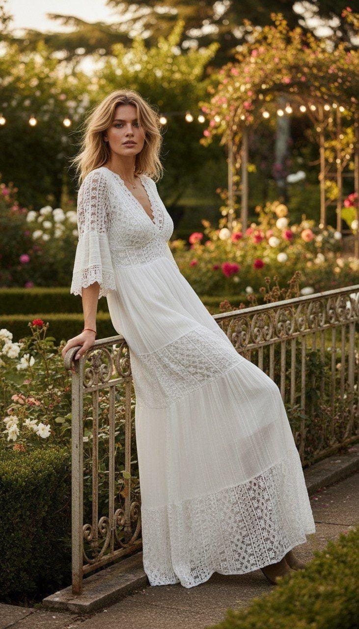 Lace White Boho Dress, Boho Wedding Dress, Bohemian Dresses, Beach Wedding Dress, Boho Dress, Formal Dress, Boho Dress.