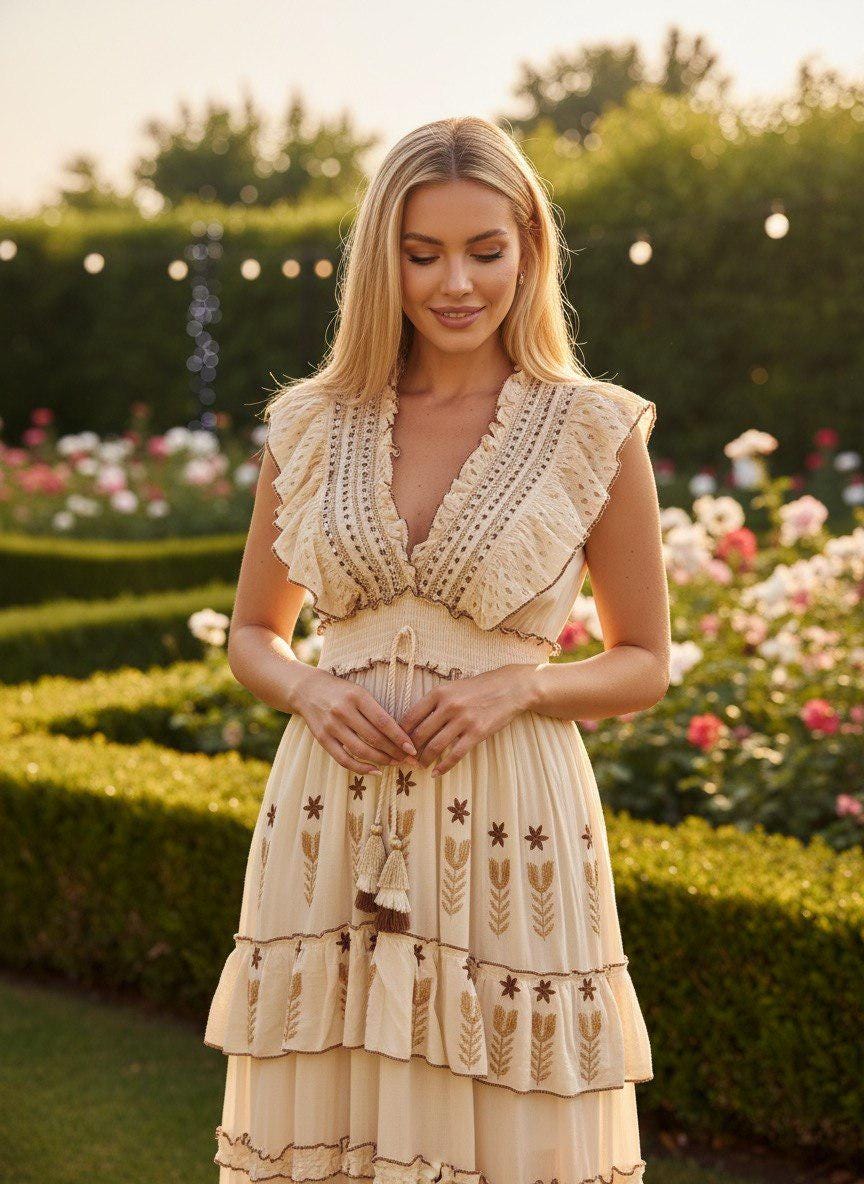 Boho Cream Maxi Dress | Embroidered Cotton Dress | Cottagecore Prairie Dress | Romantic Summer Dress | Beige Bohemian Wedding Guest Dress.