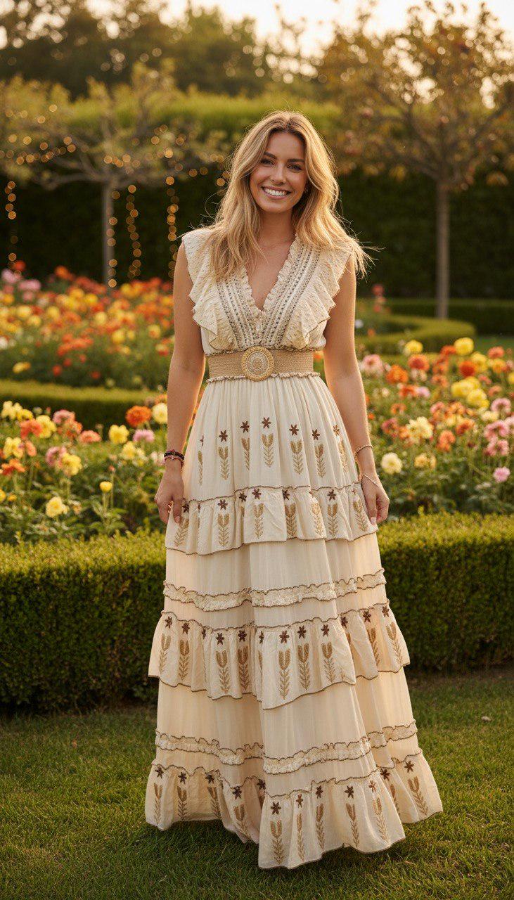 Boho Cream Maxi Dress | Embroidered Cotton Dress | Cottagecore Prairie Dress | Romantic Summer Dress | Beige Bohemian Wedding Guest Dress.