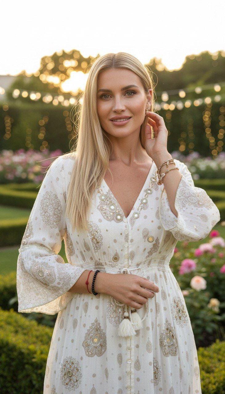 White Gold Boho Maxi Dress for Women, Paisley Print Summer Dress, Flowy Bohemian Dress, Beach Vacation Dress, Wedding Guest Dress.