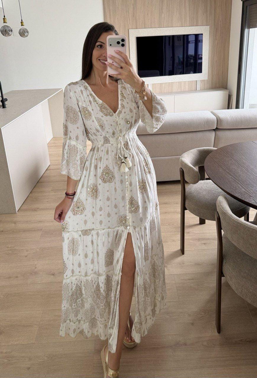 White Gold Boho Maxi Dress for Women, Paisley Print Summer Dress, Flowy Bohemian Dress, Beach Vacation Dress, Wedding Guest Dress.