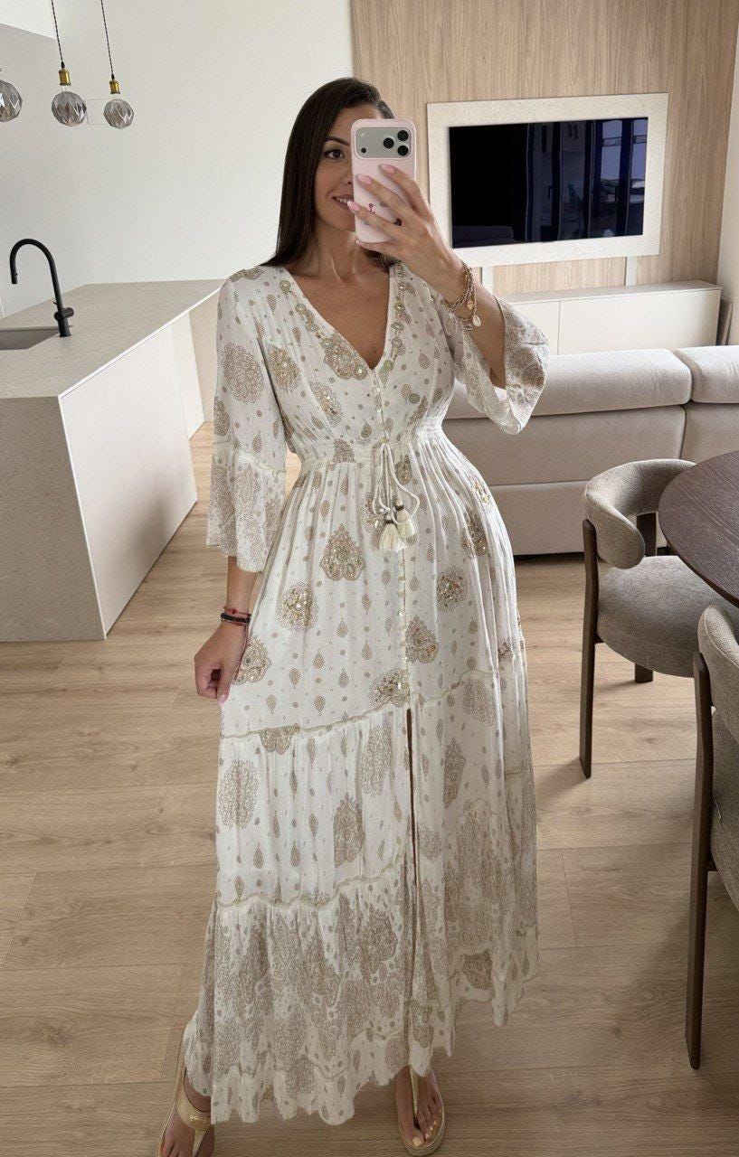 White Gold Boho Maxi Dress for Women, Paisley Print Summer Dress, Flowy Bohemian Dress, Beach Vacation Dress, Wedding Guest Dress.