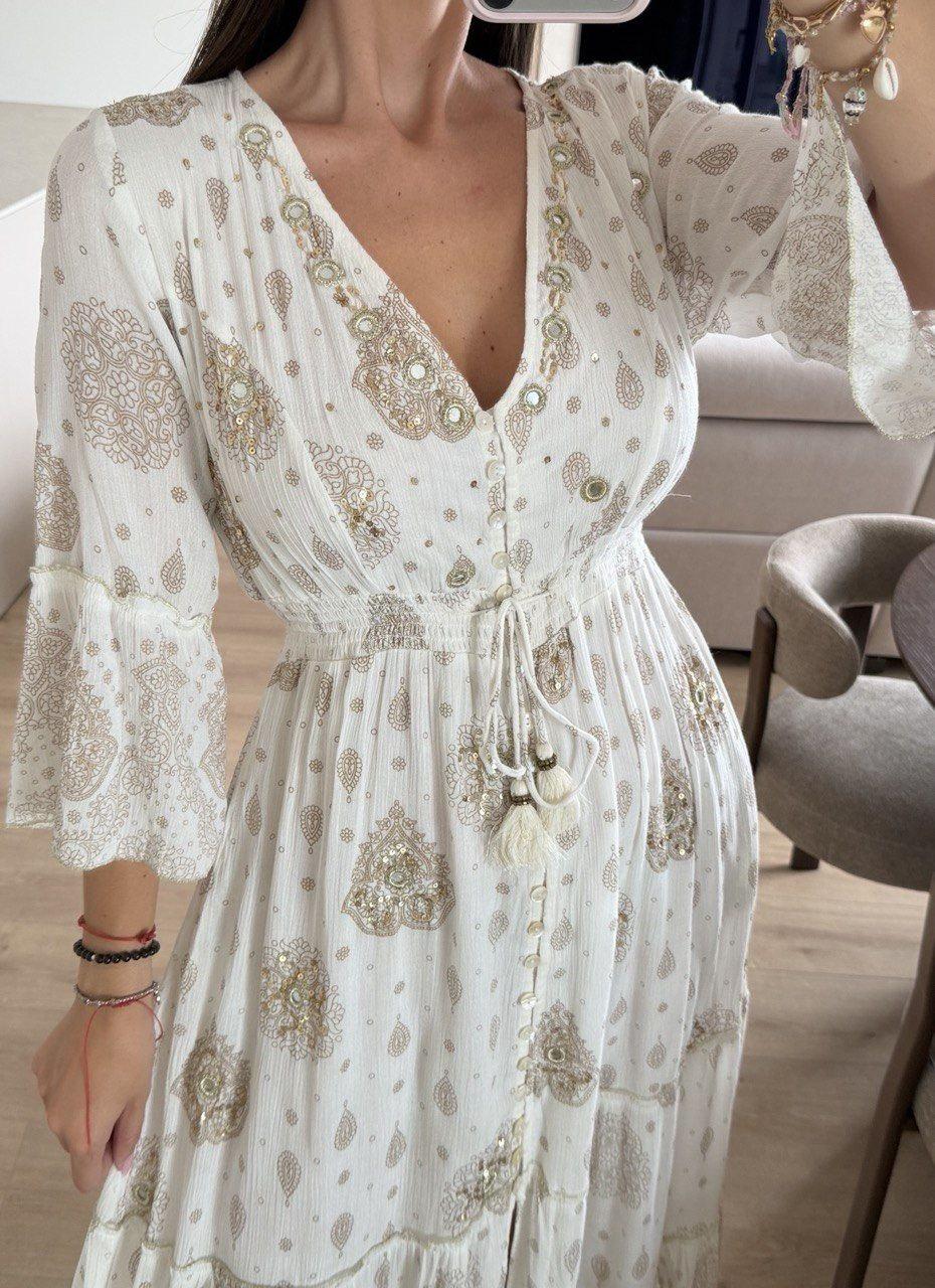 White Gold Boho Maxi Dress for Women, Paisley Print Summer Dress, Flowy Bohemian Dress, Beach Vacation Dress, Wedding Guest Dress.