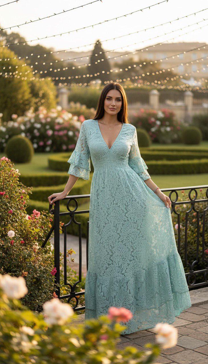 Mint Green Boho Lace Maxi Dress, Cottagecore Dress, V Neck Bell Sleeve Dress, Romantic Wedding Guest Dress, Bohemian Summer Gown.