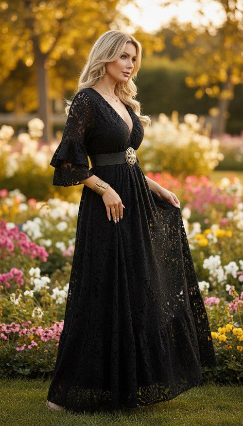 Black Boho Lace Maxi Dress, V Neck Bohemian Dress, Cottagecore Maxi Dress, Bell Sleeve Evening Dress, Romantic Wedding Guest Dress.