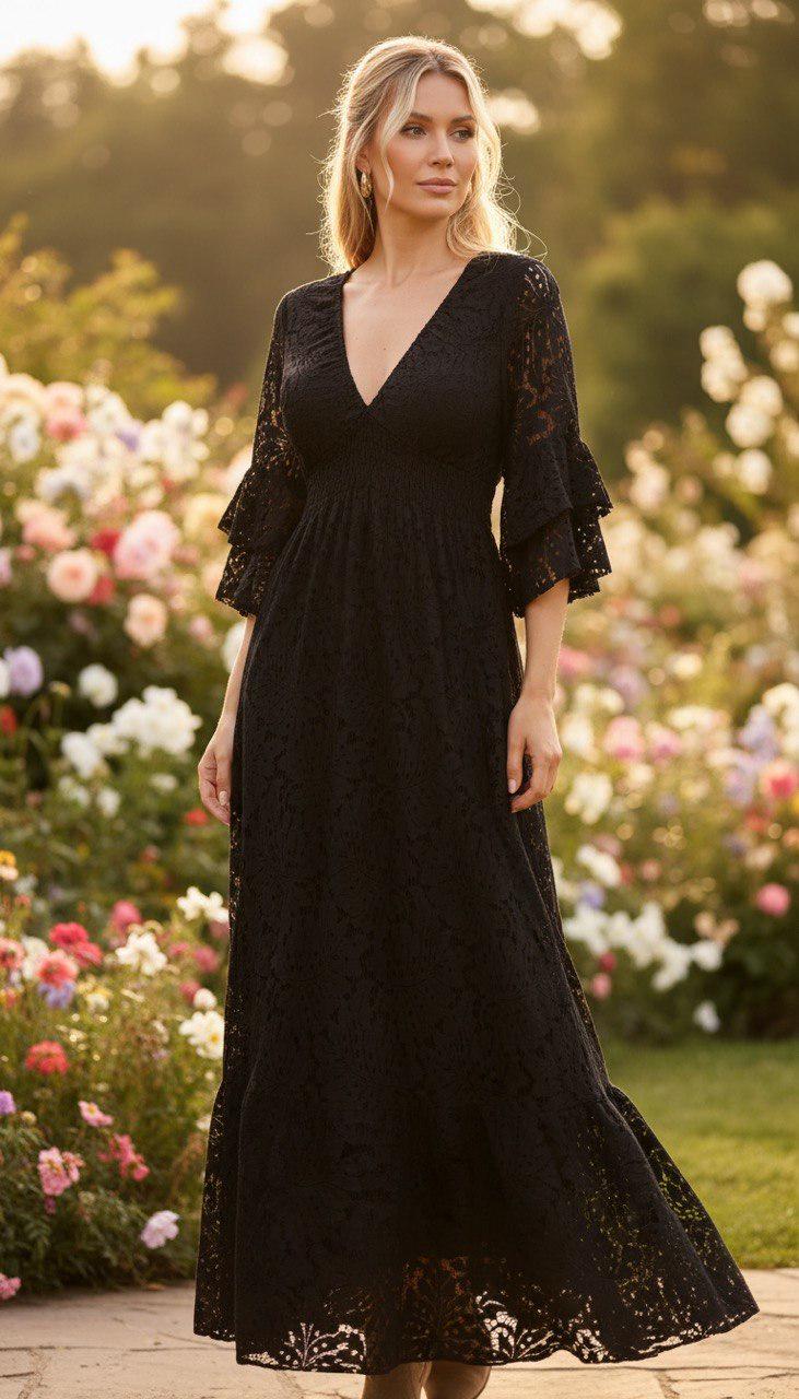 Black Boho Lace Maxi Dress, V Neck Bohemian Dress, Cottagecore Maxi Dress, Bell Sleeve Evening Dress, Romantic Wedding Guest Dress.