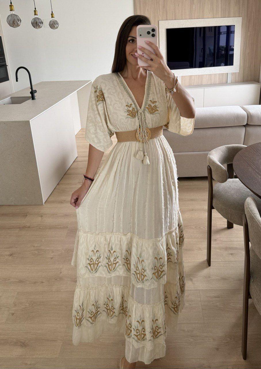 Cream Boho Maxi Dress, Embroidered Cottagecore Dress, Flowy Summer Dress, Romantic Bohemian Dress, Beach Vacation Outfit.