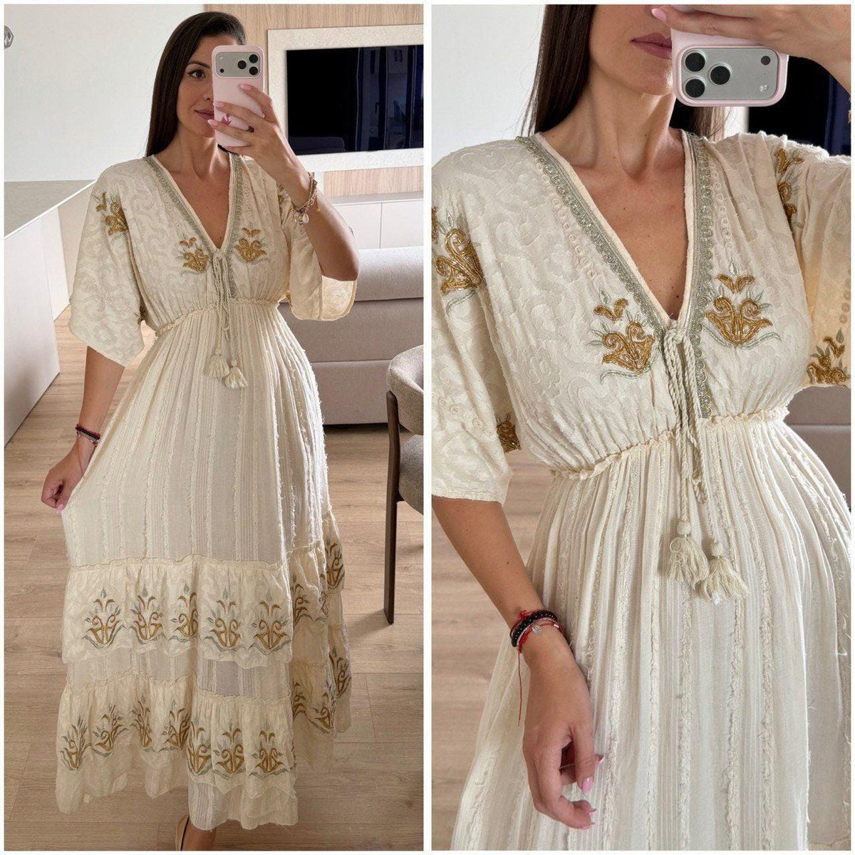 Cream Boho Maxi Dress, Embroidered Cottagecore Dress, Flowy Summer Dress, Romantic Bohemian Dress, Beach Vacation Outfit.