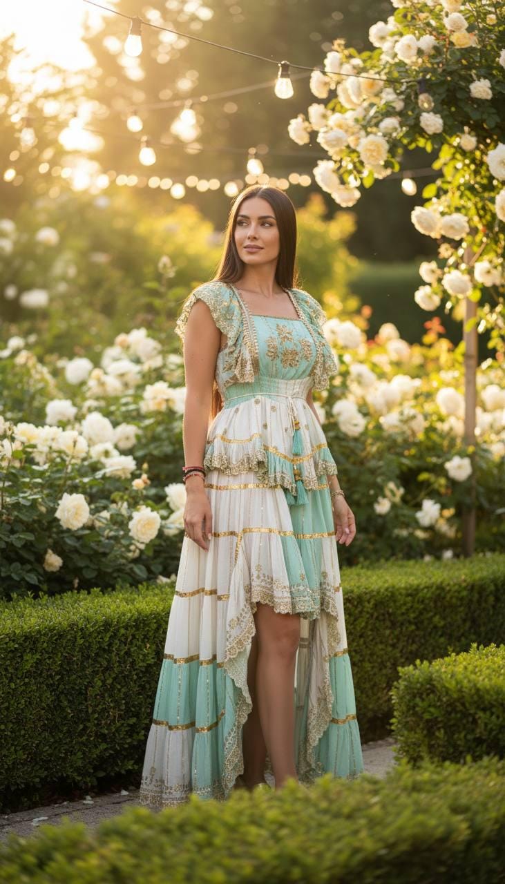 Mint Green and White Boho Skirt Set, Two Piece Crop Top and Maxi Skirt, Bohemian Summer Outfit, Festival Co Ord Set,romantic Beachwear Dress