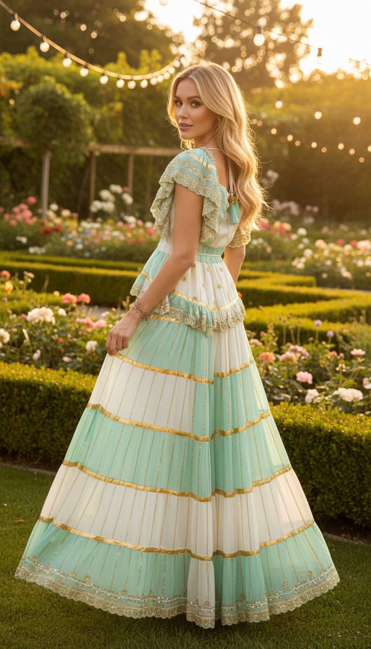 Mint Green and White Boho Skirt Set, Two Piece Crop Top and Maxi Skirt, Bohemian Summer Outfit, Festival Co Ord Set,romantic Beachwear Dress