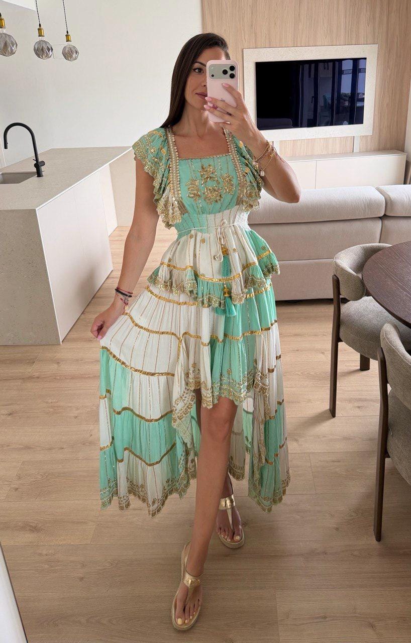 Mint Green and White Boho Skirt Set, Two Piece Crop Top and Maxi Skirt, Bohemian Summer Outfit, Festival Co Ord Set,romantic Beachwear Dress