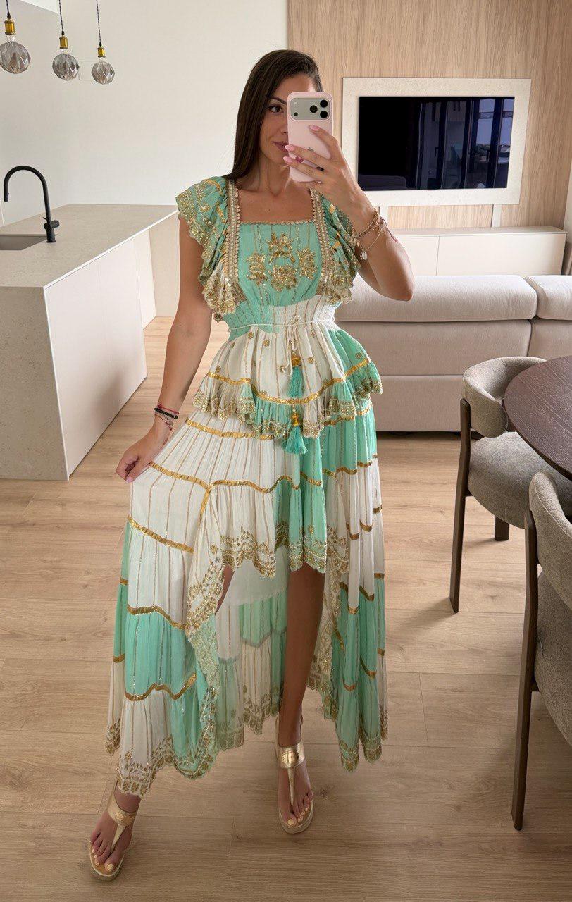 Boho Maxi Dress for Women, Turquoise and White Embroidered Dress, Ibiza Style Dress, Beach Wedding Guest Dress, Bohemian Summer Dress.