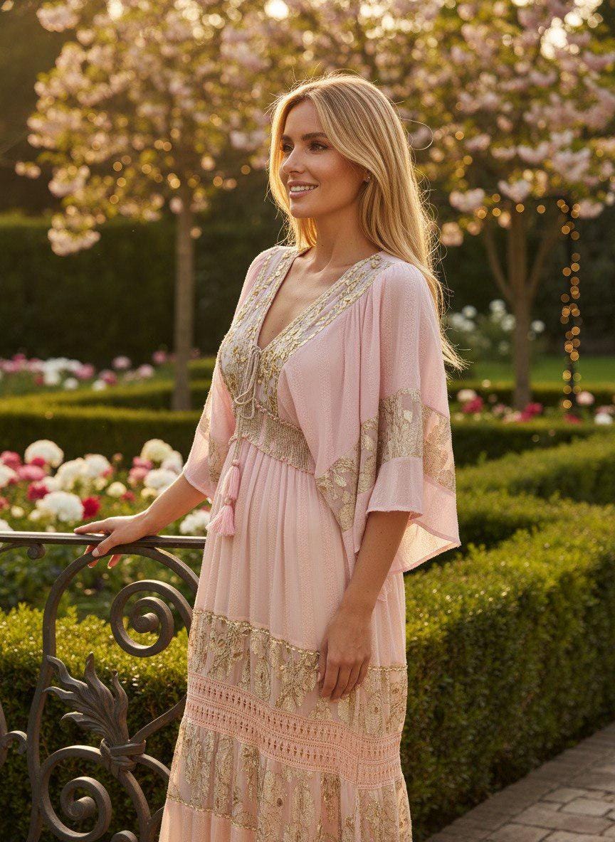 Pink Boho Maxi Dress Whit Batwing Sleeves, Elegant Flowy Bohemian Dress for Women, Long Flowy Maxi Dress, Stunning Pink Boho Maxi Dress.