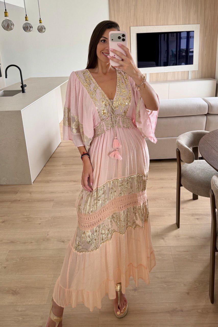 Pink Boho Maxi Dress Whit Batwing Sleeves, Elegant Flowy Bohemian Dress for Women, Long Flowy Maxi Dress, Stunning Pink Boho Maxi Dress.