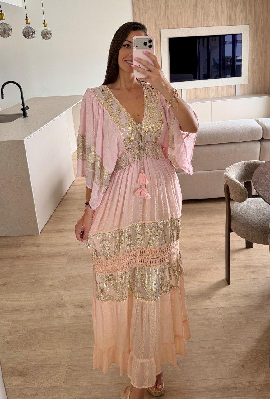 Pink Boho Maxi Dress Whit Batwing Sleeves, Elegant Flowy Bohemian Dress for Women, Long Flowy Maxi Dress, Stunning Pink Boho Maxi Dress.