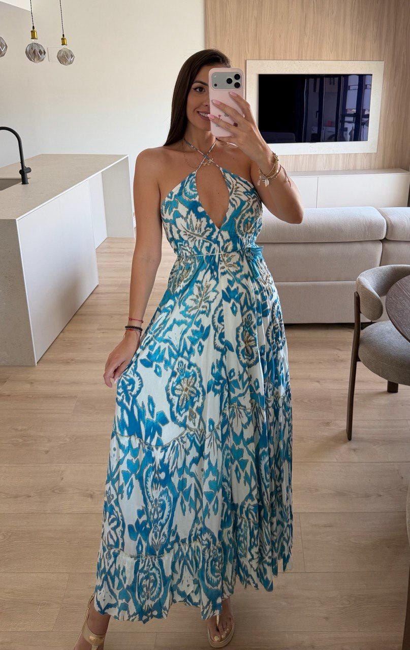 Cotton Slip Dress With Gold Beading, Strappy Maxi Dress for Women, Wedding Guest Dress, Beach Boho Dress, Ibiza Dress, Festival Dress.