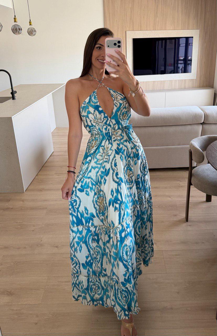 Green White Floral Halter Maxi Dress, Boho Summer Dress, Botanical Print Long Dress, Beach Vacation Dress, Flowy Resort Dress, Women's Maxi.