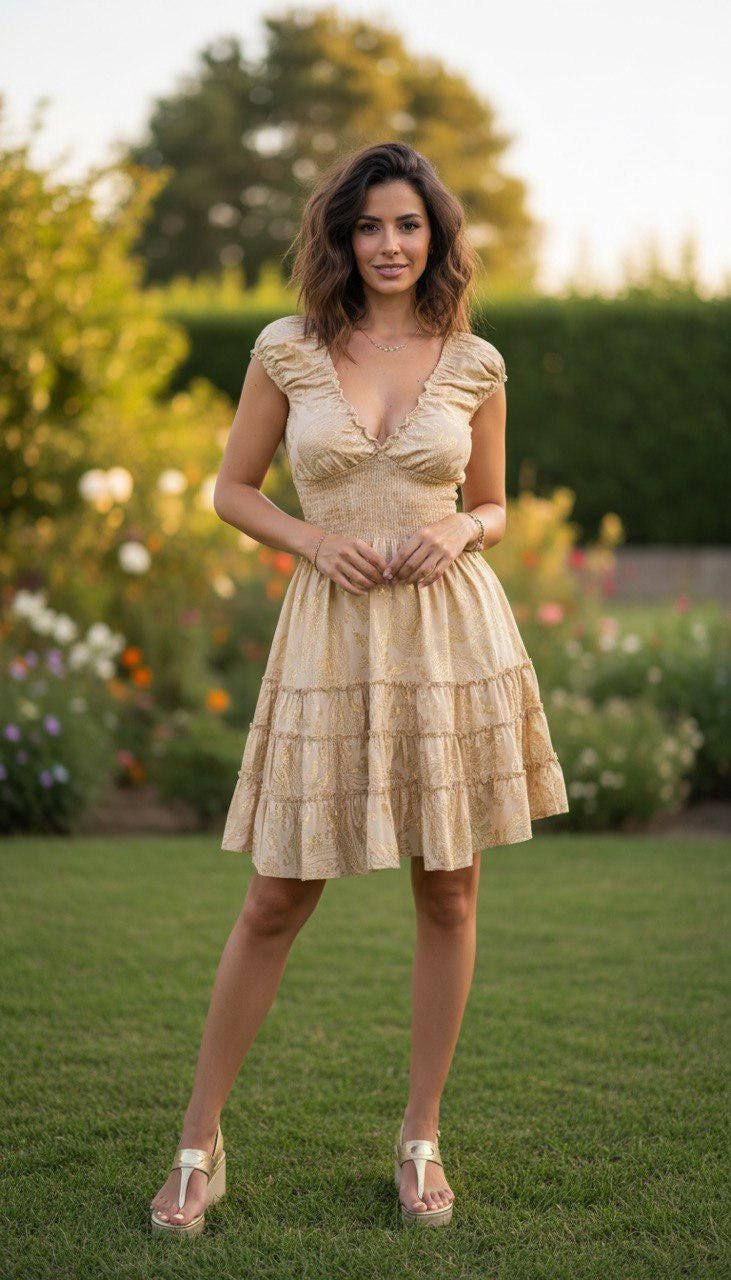 Champagne Cottagecore Dress, Romantic Puff Sleeve Mini Dress, Floral Jacquard Garden Party Dress, Fairy Dress, Summer Wedding Guest Dress