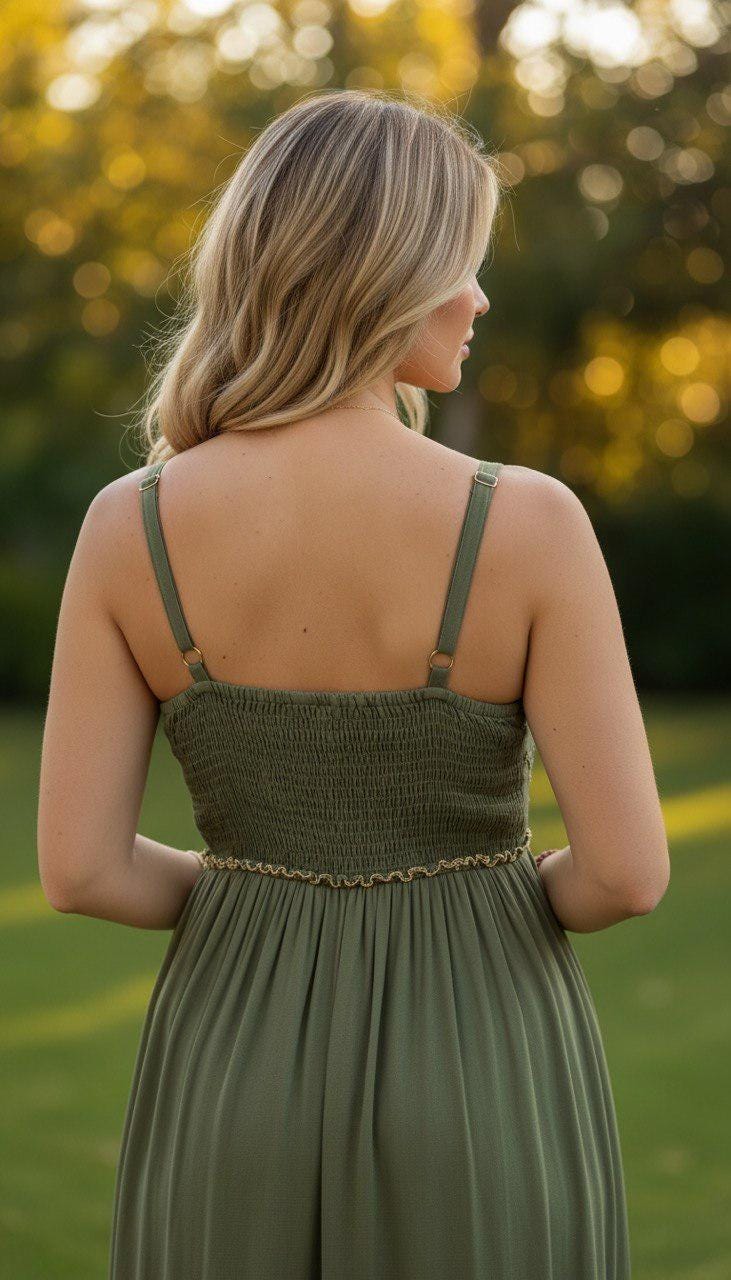 Green Sleeveless Boho Dress With Floral Print for Women, Maxi Boho Green Dress, Beach Boho Maxi Dress, Green Maxi Dress.