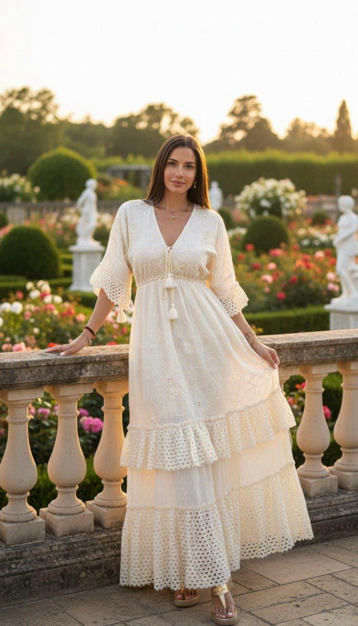 White Boho Maxi Dress, Lace Tiered Dress, Long Sleeve Summer Dress, Beach Vacation Outfit, Bohemian Wedding Guest Dress, Boho Kleid.