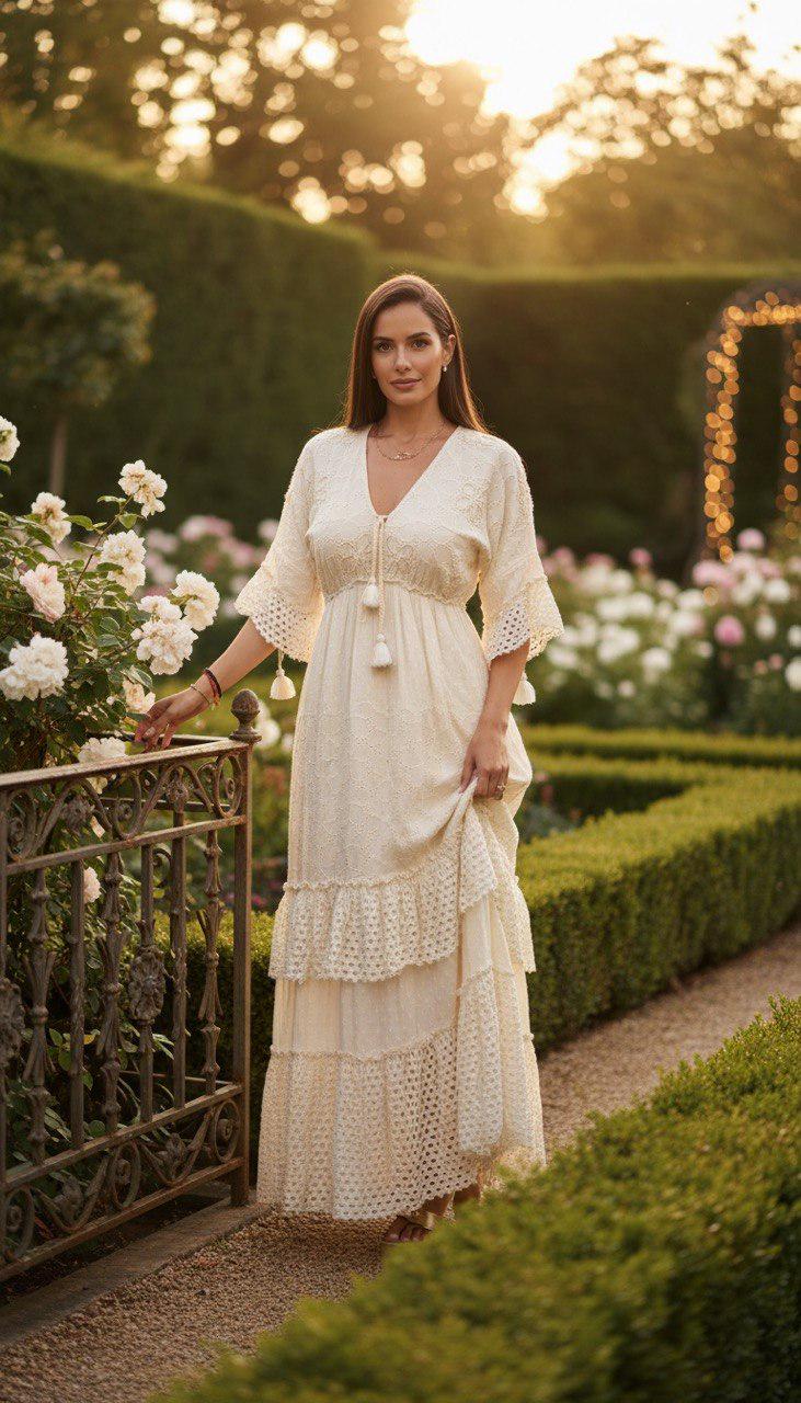 White Boho Maxi Dress, Lace Tiered Dress, Long Sleeve Summer Dress, Beach Vacation Outfit, Bohemian Wedding Guest Dress, Boho Kleid.
