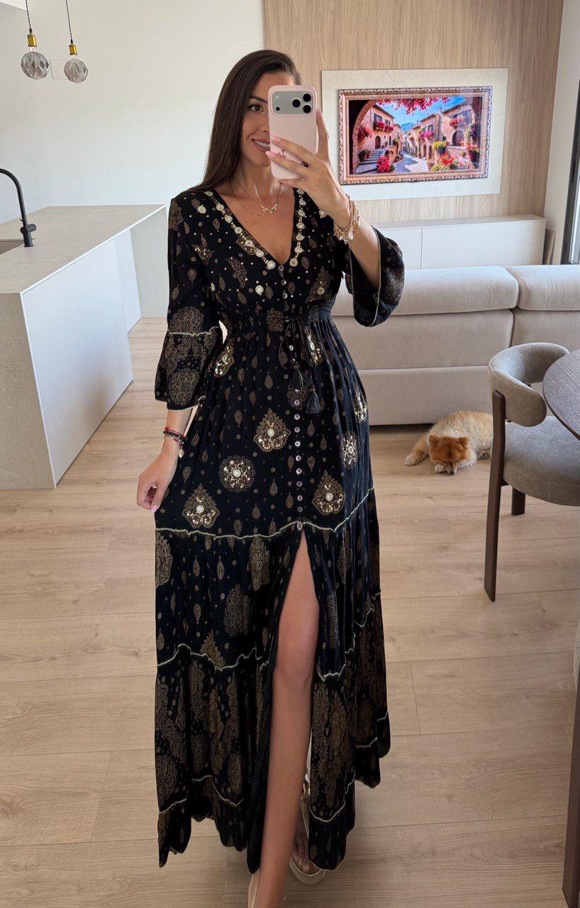 White Gold Boho Maxi Dress for Women, Paisley Print Summer Dress, Flowy Bohemian Dress, Beach Vacation Dress, Wedding Guest Dress.