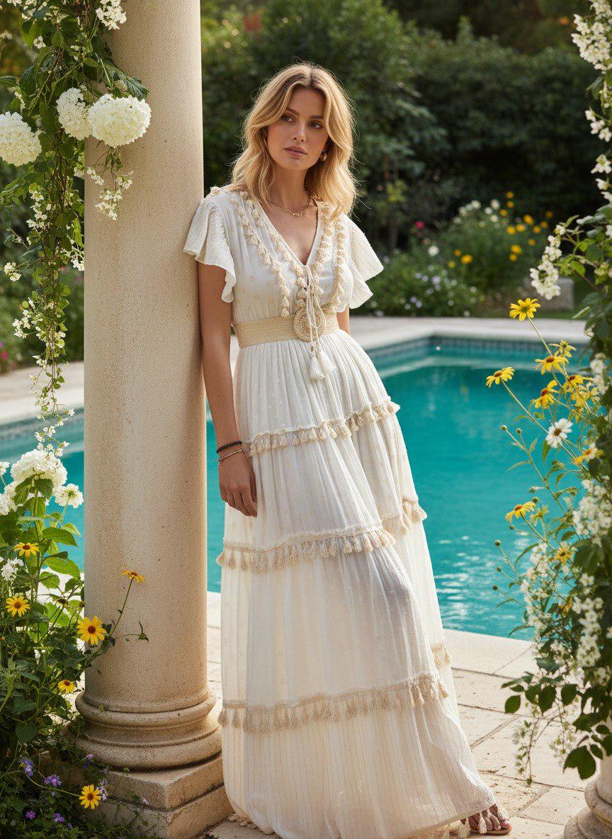 Ivory Boho Maxi Dress, Cream Tiered Ruffle Dress, Swiss Dot Lace Dress, Romantic Cottagecore Maxi, Beach Wedding Guest Dress.