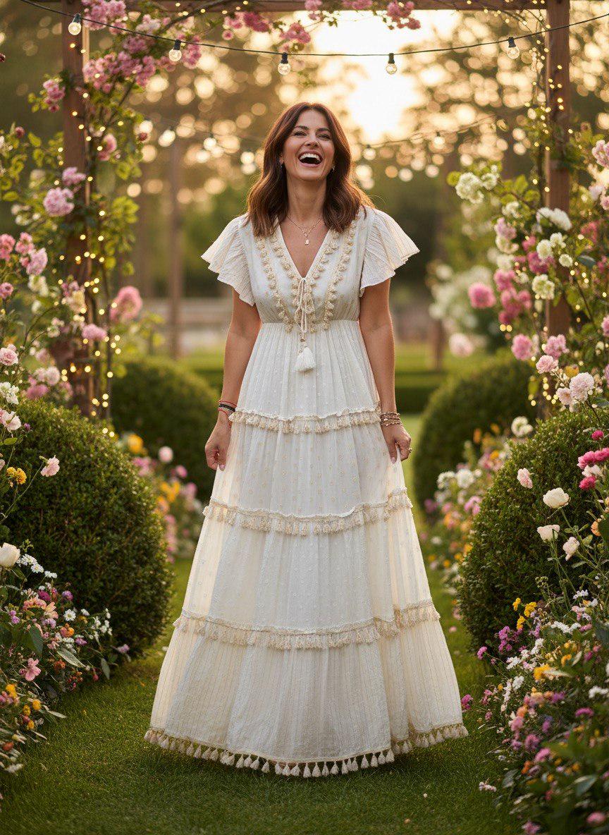 Ivory Boho Maxi Dress, Cream Tiered Ruffle Dress, Swiss Dot Lace Dress, Romantic Cottagecore Maxi, Beach Wedding Guest Dress.