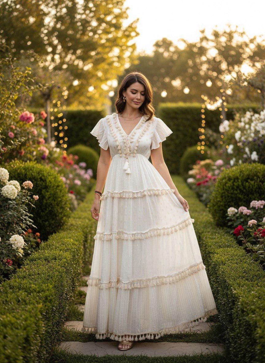 Ivory Boho Maxi Dress, Cream Tiered Ruffle Dress, Swiss Dot Lace Dress, Romantic Cottagecore Maxi, Beach Wedding Guest Dress.