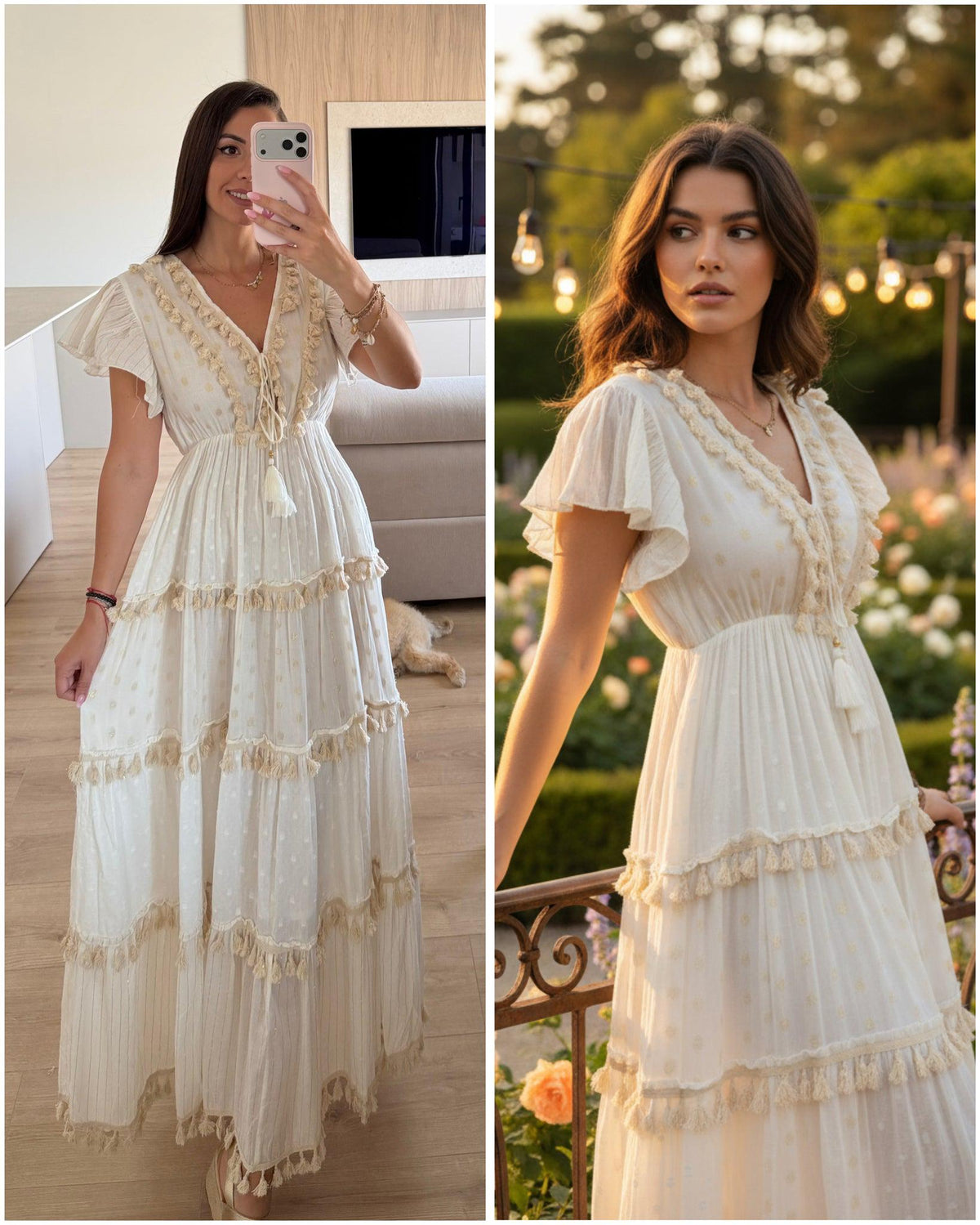 Ivory Boho Maxi Dress, Cream Tiered Ruffle Dress, Swiss Dot Lace Dress, Romantic Cottagecore Maxi, Beach Wedding Guest Dress.