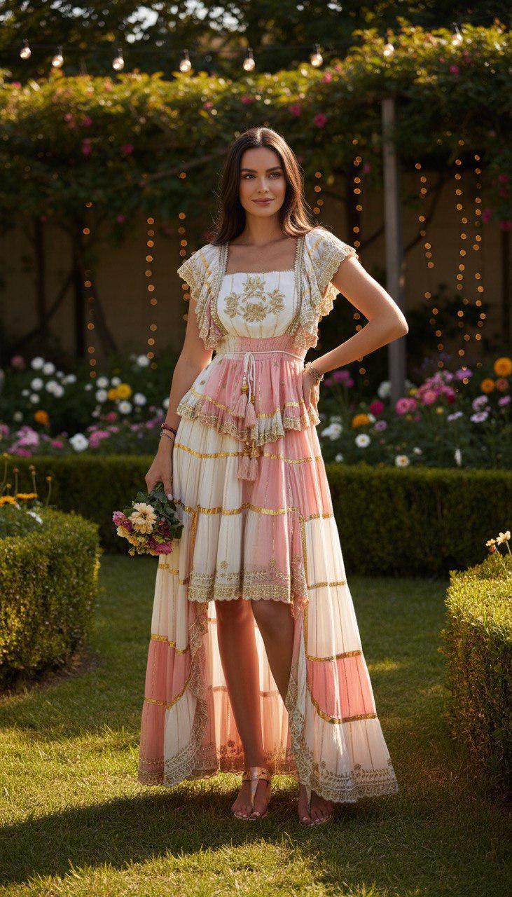 Pink High Low Boho Dress, Embroidered Cottagecore Dress, Romantic Fairycore Dress, Flowy Summer Dress, Garden Party Dress.