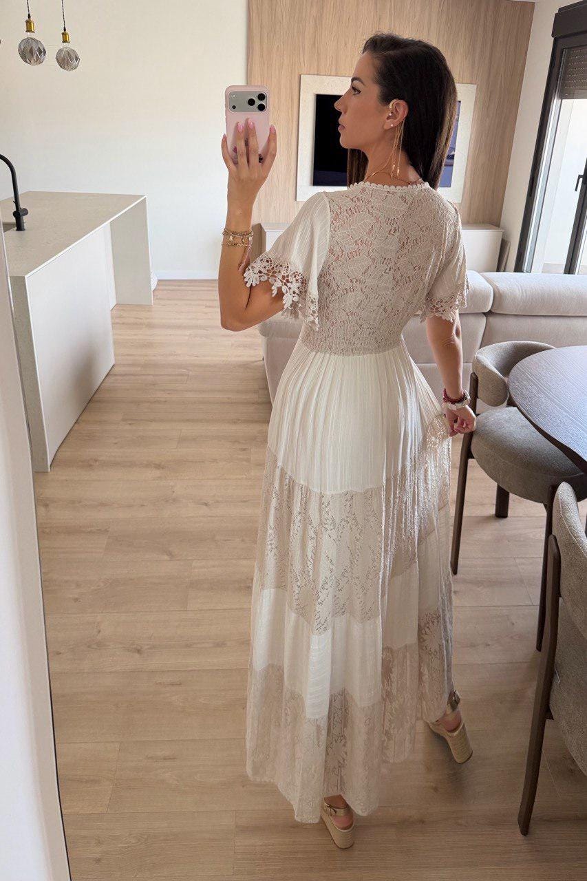 Boho Blue Lace Wedding Dress, Blue Boho Dress, Beach Wedding Dress, Bohemian Bride Dress, Boho Kleid, Blue Handmade Dress.