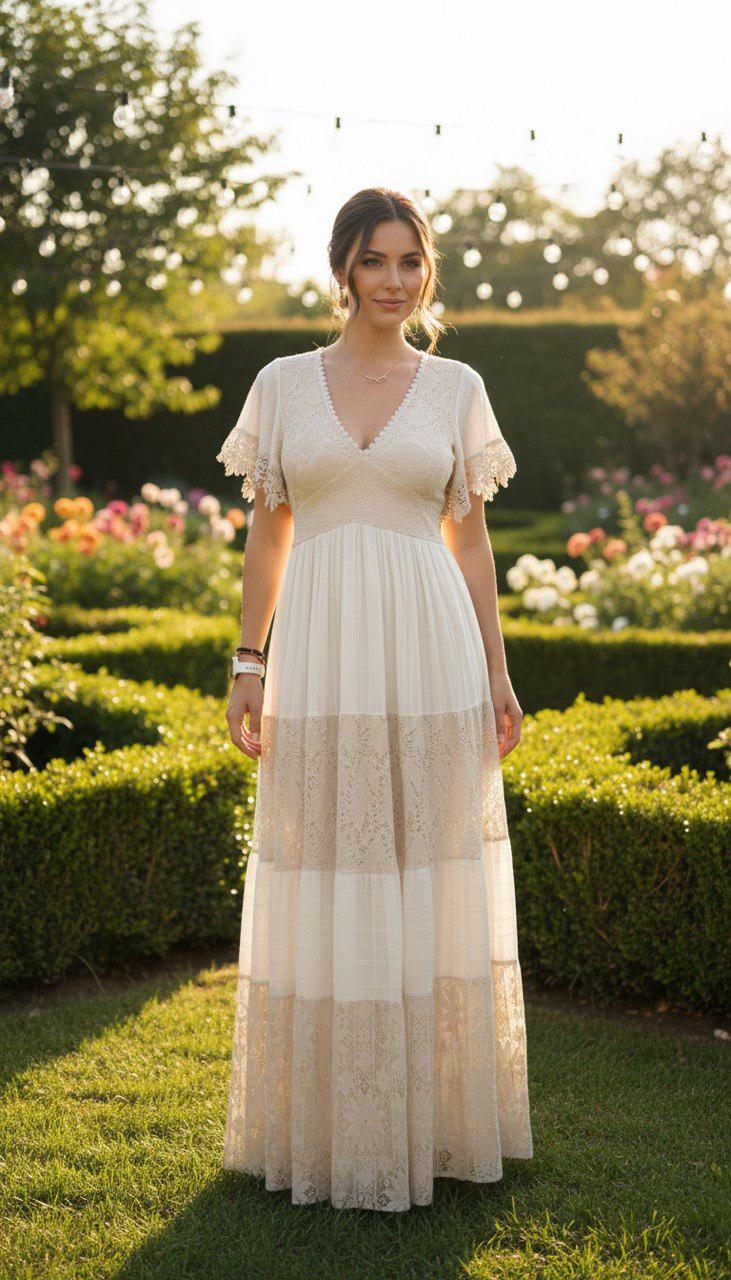 Boho Lace Maxi Dress, Ivory V Neck Summer Dress, Romantic Cottagecore Dress, Flowy Beach Vacation Dress, Bohemian Wedding Guest Dress.