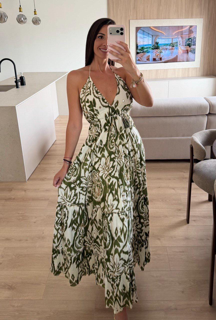 Green White Floral Halter Maxi Dress, Boho Summer Dress, Botanical Print Long Dress, Beach Vacation Dress, Flowy Resort Dress, Women's Maxi.