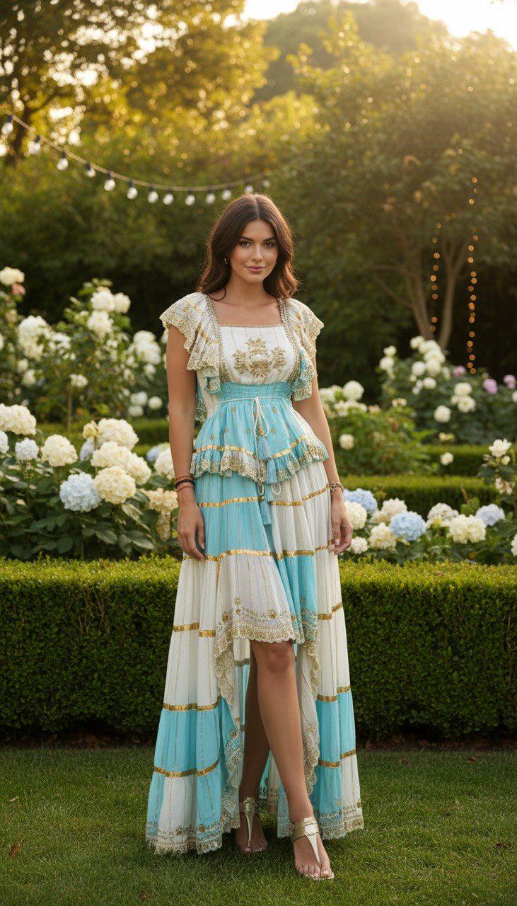 Boho Maxi Dress for Women, Turquoise and White Embroidered Dress, Ibiza Style Dress, Beach Wedding Guest Dress, Bohemian Summer Dress.