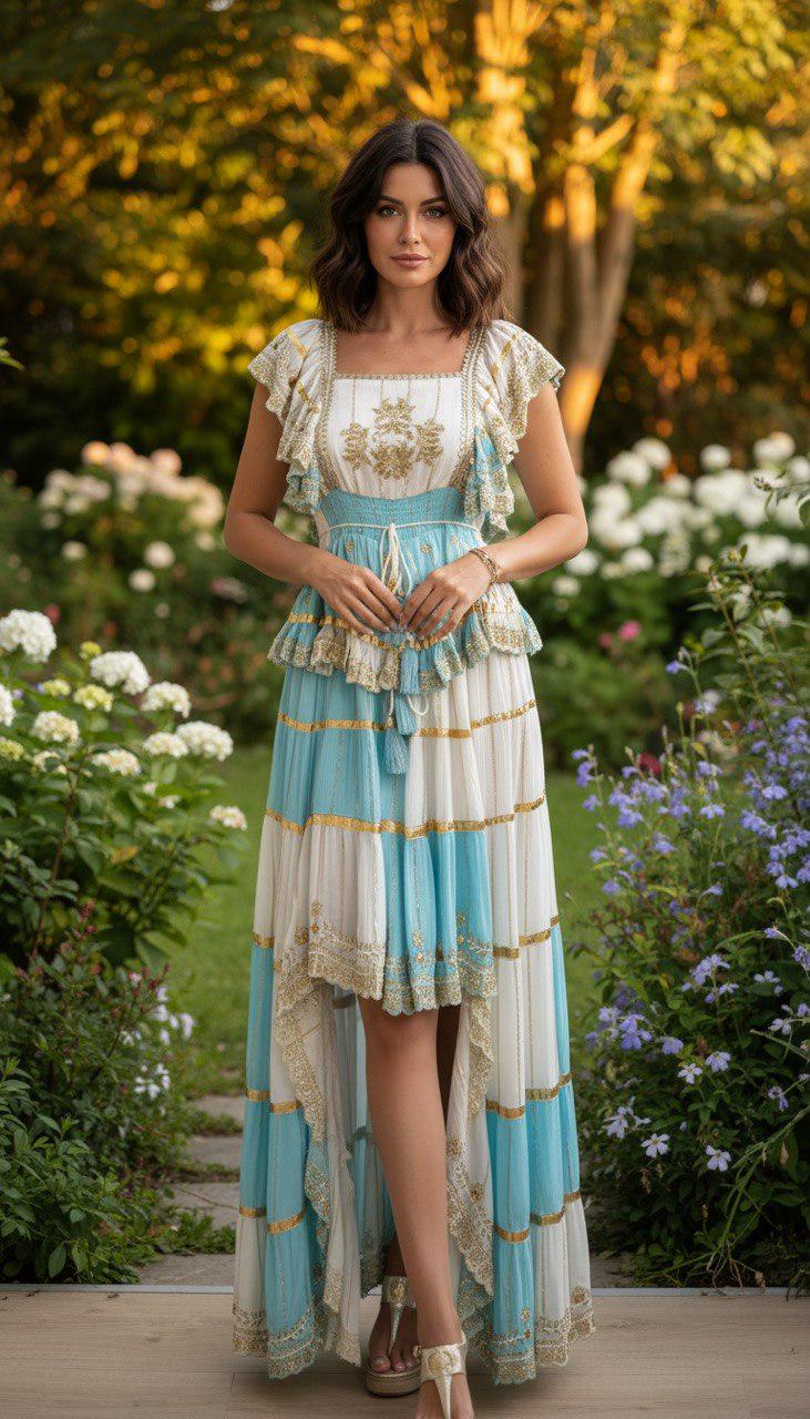 Boho Maxi Dress for Women, Turquoise and White Embroidered Dress, Ibiza Style Dress, Beach Wedding Guest Dress, Bohemian Summer Dress.